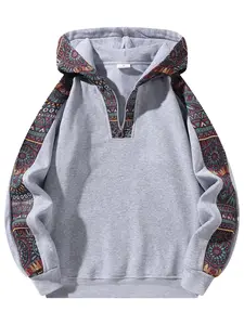 Men's Ethnic Pattern Color Block Hoodie - Long Sleeve Quarter Zip Pullover Sweatshirt for Casual Wear emo outfits Grey Stylish