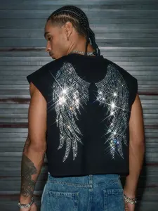 Tank tops for men - Men Loose Sleeveless Rhinestone Wing Top, Street Style Outfit for Night Out & Daily Wear men's t shirts vacation clothes summer men clothes summer outfits men's clothing male clothing clothes for men summer mens clothing Streetwear