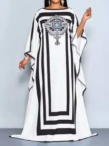 Plus Size Elegant Chic Geometric Print Striped Dress for All Seasons, Fitted Half Sleeve Long Dress, Round Neck Batwing Sleeves, Plus Size Waist Cinch, Casual Wear
