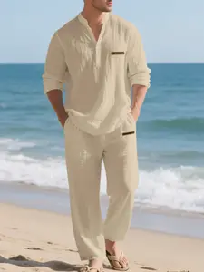 Men's Linen V-Neck Long Sleeve Shirt Set, Co Ord Set, Casual Matching Sets, Matching Casual Loose Fit Breathable Henley Top & Pants, Fall Fashion, Outfit