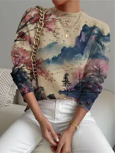 Women's Watercolor Landscape Printed Stand Collar Sweater, Fall Winter Casual Long Sleeve Knitwear, Comfortable Warm Daily Wear