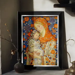 1-Piece 8x12 Inch (Multi-Size) Elegant MDF Wood Frame | Luxury Gold/Silver/Black Large Format Display | Tabletop & Wall Mount Art Print - "Mother and Child" in Klimt-Inspired Floral Style for Living Room, Office, Home Decor, Home Decor Accessory