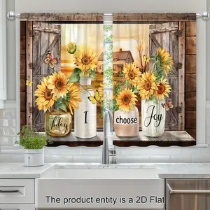 2pcs 2D Flat Watercolor Kitchen Curtains Featuring a Rustic Vase with Sunflowers, Perfect for a Farmhouse Cafe Style in Your Living Room, Bedroom,Office Decor