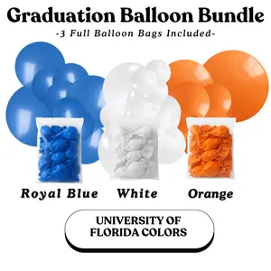 Graduation Balloon Bundle - University Of Florida Colors Royal Blue, White, Orange - Sizes 5"- 12"- 18"