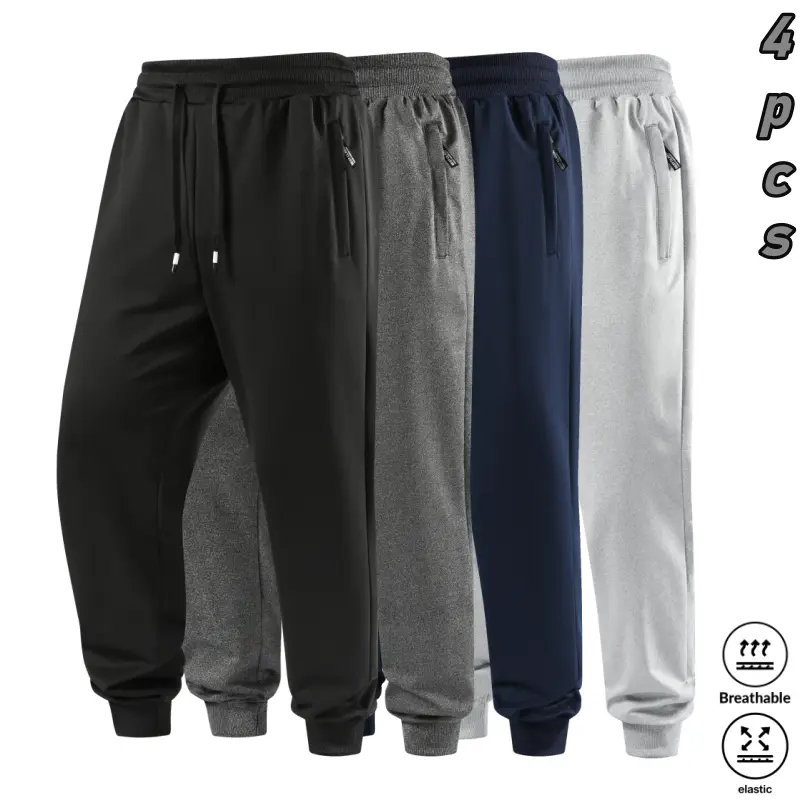 Men's Jogger Sweatpants 4-Pack, Loose-Fitting Athletic Pants with Breathable Stretch for Running, Fitness, and All Seasons Casual Wear, Do Not Dry Clean, Machine Washable, Male, Normal Type, Plain, Polyester, Synthetics, Light Gray + Light Gray + Light Gr