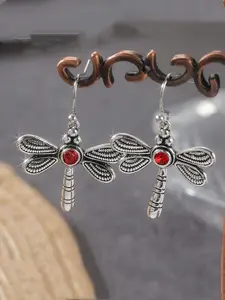Vintage Bohemian Dragonfly Pendant Earrings with Synthetic Gemstones, Handmade Silver Color Jewelry for Casual Style, Unique Nature-Inspired Accessories, Statement Earrings