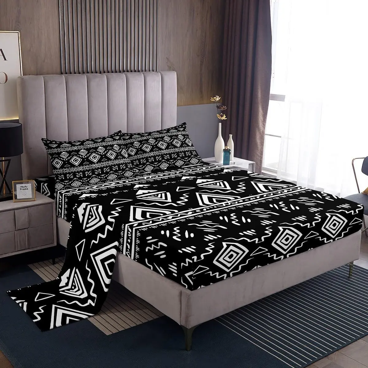 Tribal Boho Aztec Bed Sheets Black White Ethnic Bohemian Sheet Set Western Southwestern Fitted Sheet Geometric Diamond Striped Top Sheet Rustic Farmhouse Bedding Set
