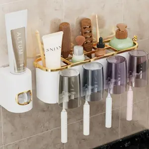 No-Drill Bathroom Organizer Bathroom Accessory | All-In-One Toothbrush Holder + Storage Rack (Gold Accent) – Declutter Your Counter in 10s!