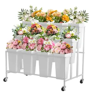 3-Tier Rolling Flower Display Cart, Metal Plant Stand with 12 Round Flower Buckets and Universal Wheels, Sturdy Mobile Plant Rack for Garden, Wedding, Florist Shop & Party Decoration, White, 94×60×80cm