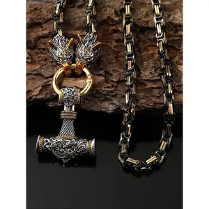 Viking Rune Hammer Pendant Necklace, Wolf Head Chain, Norse Mythology Odin Jewelry, Stainless Steel Punk Style, Men's Norwegian Fashion Gift, Charm Necklace