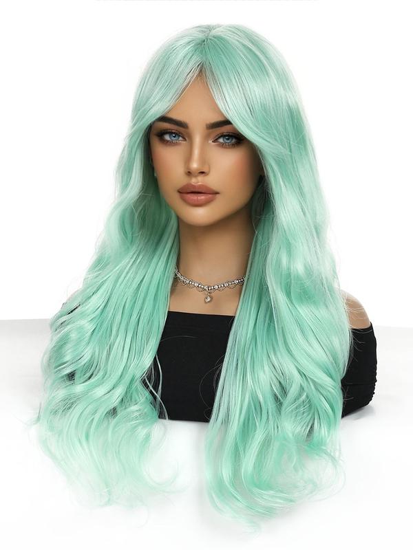 26 Inch Mint Green Long Curly Wigs for Women, Gorgeous Fluffy Wigs with Blunt Bangs, Synthetic Full Machine Wigs for Party, Daily Use