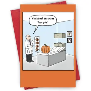 Pumpkin Patient Pain Scale Card, Humorous Medical Cartoon, Doctor & Halloween Gourd, Four Jack-O-Lantern Faces, Clinic Background