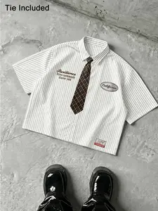 2-Piece Men's Vintage Striped Cropped Shirt With Plaid Tie, California Graphic Short Sleeve Button Down, Preppy Streetwear For Summer Daily Campus Wear