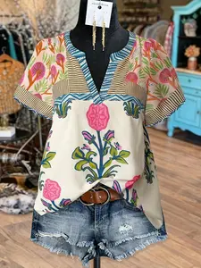 Plus Size Floral Patchwork Short-Sleeve Blouse Casual V-Neck Loose Fit Top, Y2K Clothes Summer Everyday Daily Wear, Trendy Bohemian Shirts, Comfortable Relaxed Fit Casual Blouses, Stylish Pattern Detail Party Casual Ensembles