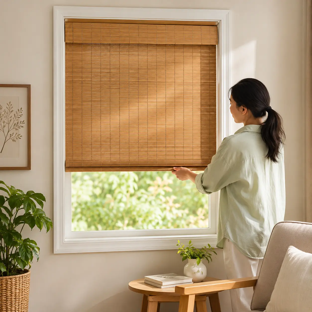 Non-Customised Cordless Natural Bamboo Roman Shades - No Tools, No Drill, Light Filtering, Wipe Clean Plain Weave, Solid Pattern Indoor Window Blinds with Cleaner for Bedroom, Home Office, Kitchen