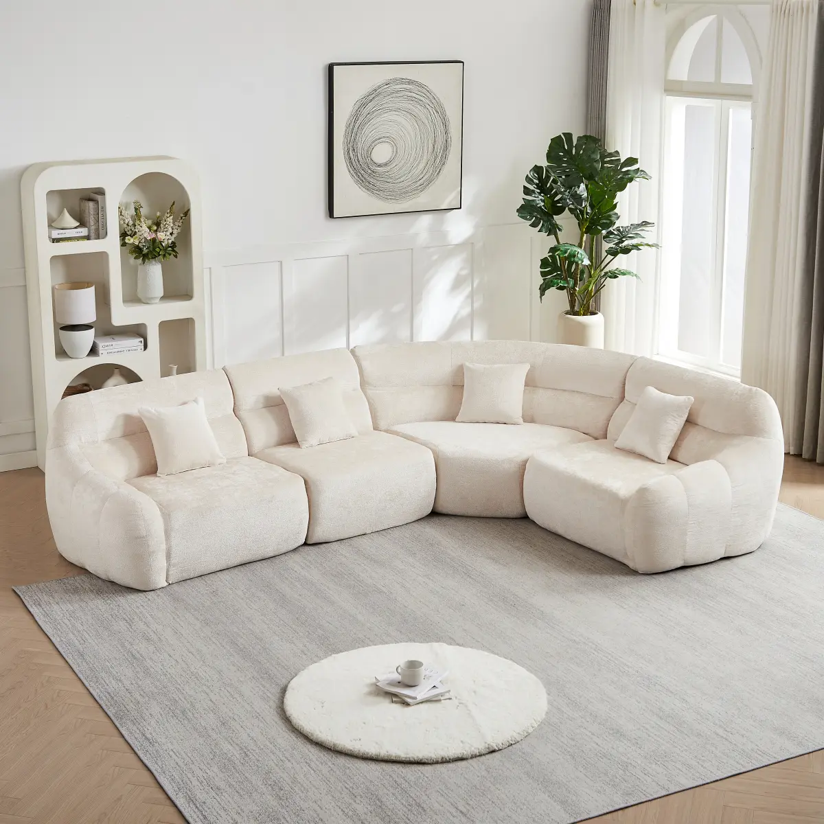 Aobtkel Video 123.2-in Modern Luxury Curved Corner Chenille Modular Cloud Couch, High-Back Oversized 4-Seat Living Room Furniture, 4 Pillows, No Assembly Required, Beige (Ideal for Casual Gatherings, Sofas Living Room)