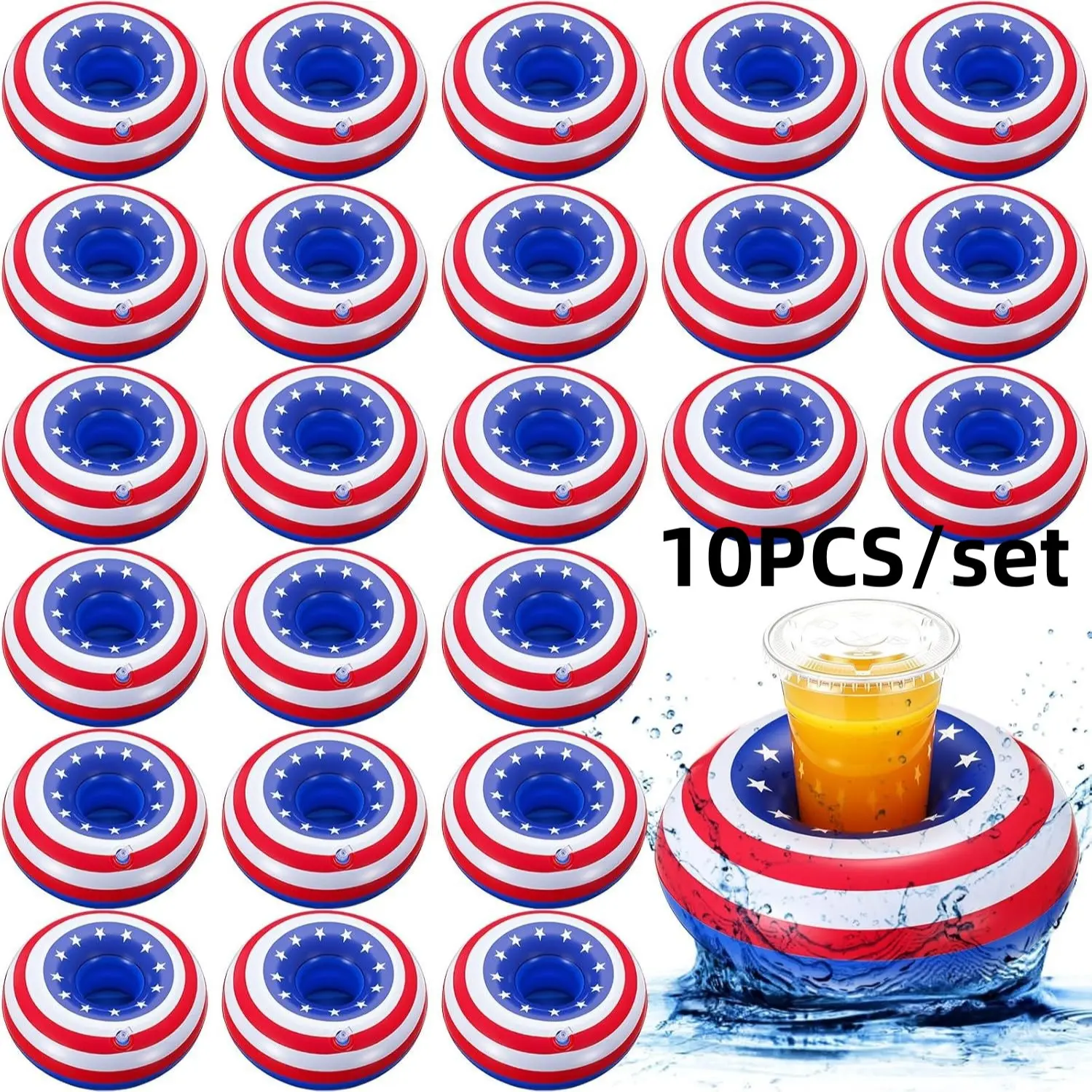 10pcs American Flag PVC Inflatable Cup Holder, Water Bottle Tray, Pool Cup Mat, Waterproof Party Cup Pad, Outdoor Drinking Accessory