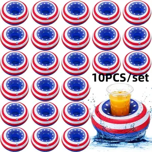 10pcs American Flag PVC Inflatable Cup Holder, Water Bottle Tray, Pool Cup Mat, Waterproof Party Cup Pad, Outdoor Drinking Accessory