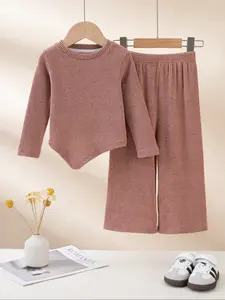 2 Pieces Spring/autumn Girls' Solid Color Sets Fashion Irregular Hem Long-sleeved Tops and Wide-leg Trousers Elegant Baby Round-neck Pullovers and Pants Children's Casual Wear Suitable for Outdoor Wear, Fashion Clothes Set