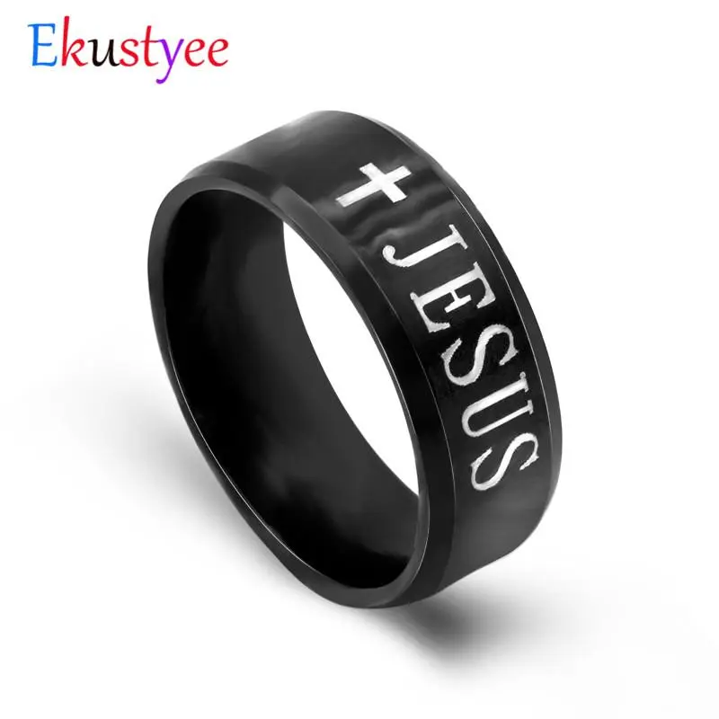 NEW Black Titanium Steel Jesus Rings Cross Prayer Letter Bible Wedding Band Ring Men Jewelry