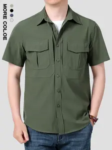 New Quick-Dry Elastic Shirt Multi-Pocket Short Sleeve Breathable Workwear Outdoor Fishing Shirt Thin Casual Fitted Style