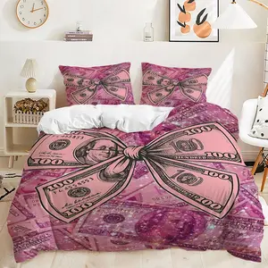 2/3Pcs Pink Bow Duvet Cover Set, Decorative Duvet Cover, $100 Bill Design Bedding Set, Sparkling Glitter Effect, Ideal for Bedroom Decor, Soft and Comfortable, Includes 1 or 2 Pillowcase, No filling/Zipper Closure