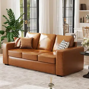 ABCASA Mid‑Century 85" Linen or Faux Leather Sofa Couch, 3‑Seater with Extra Deep Seats & Padded Cushions for Living Room, Lounge, Apartment, Brown PU Leather