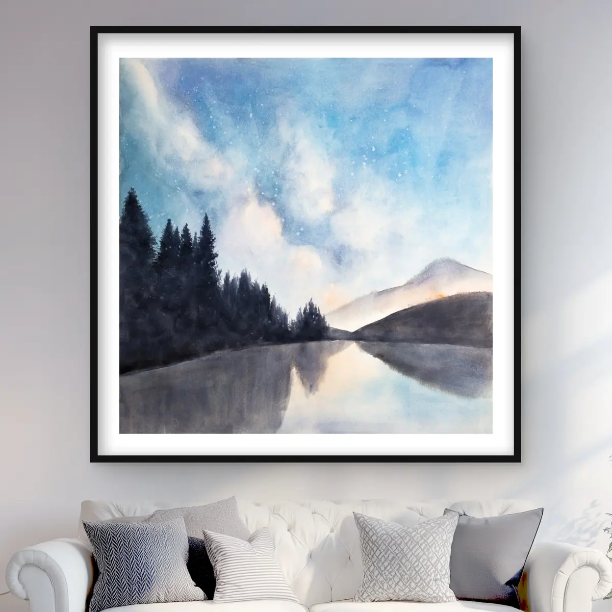 Begin Home Decor C1FM4848IK2FUB 48 x 48 in. Lakeview by Night - Framed Matted Print Wall Art - Bedroom Landscapes