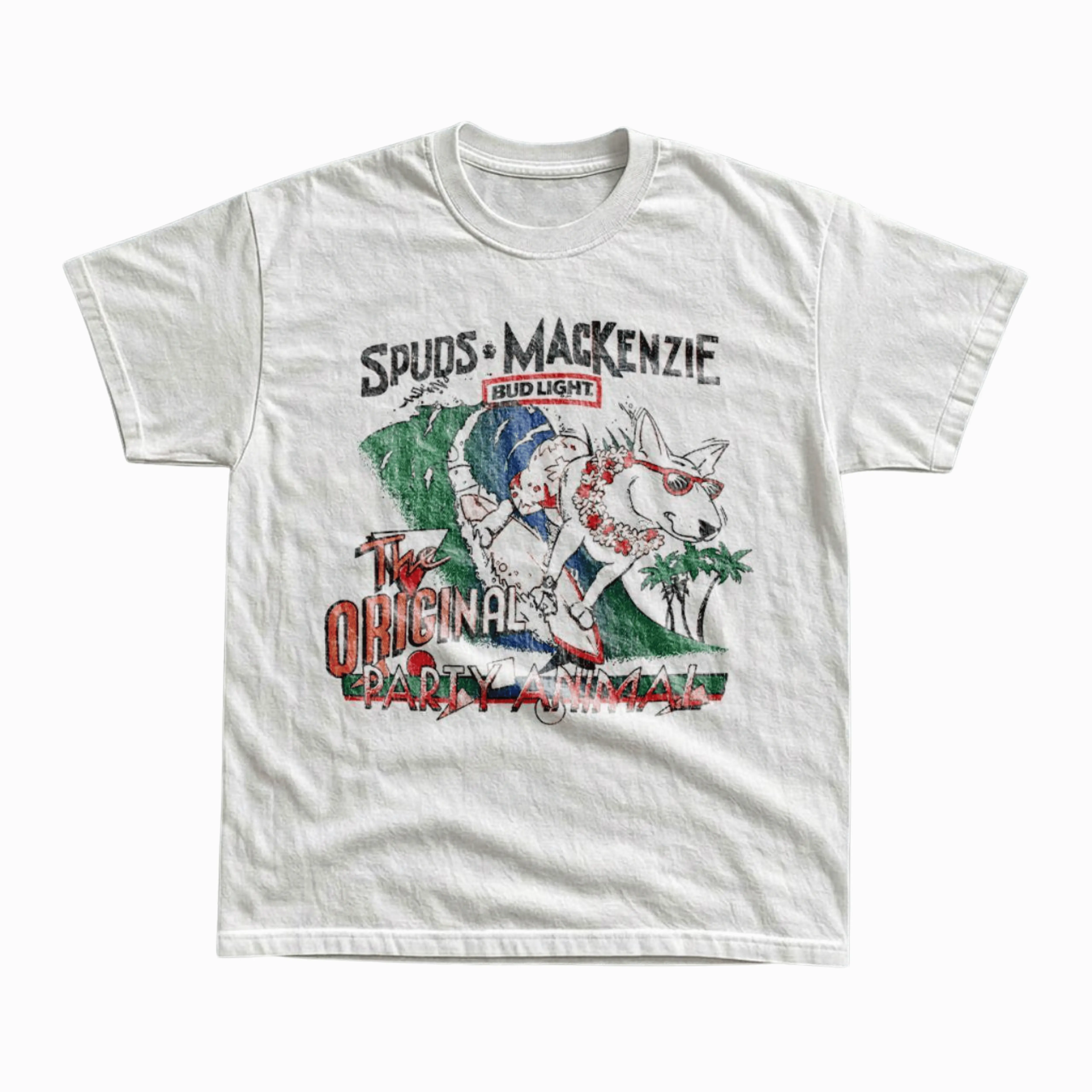 Gildan Men's and Women's T-Shirt, Vintage Style Spuds MacKenzie Bud Light Original Party Animal Graphic Tee, Distressed Surfing Dog Beer Merch Top, Retro 80s Summer Beach Outfit, Y2K Grunge Streetwear, White Casual Shirt, Cool Funny Gift