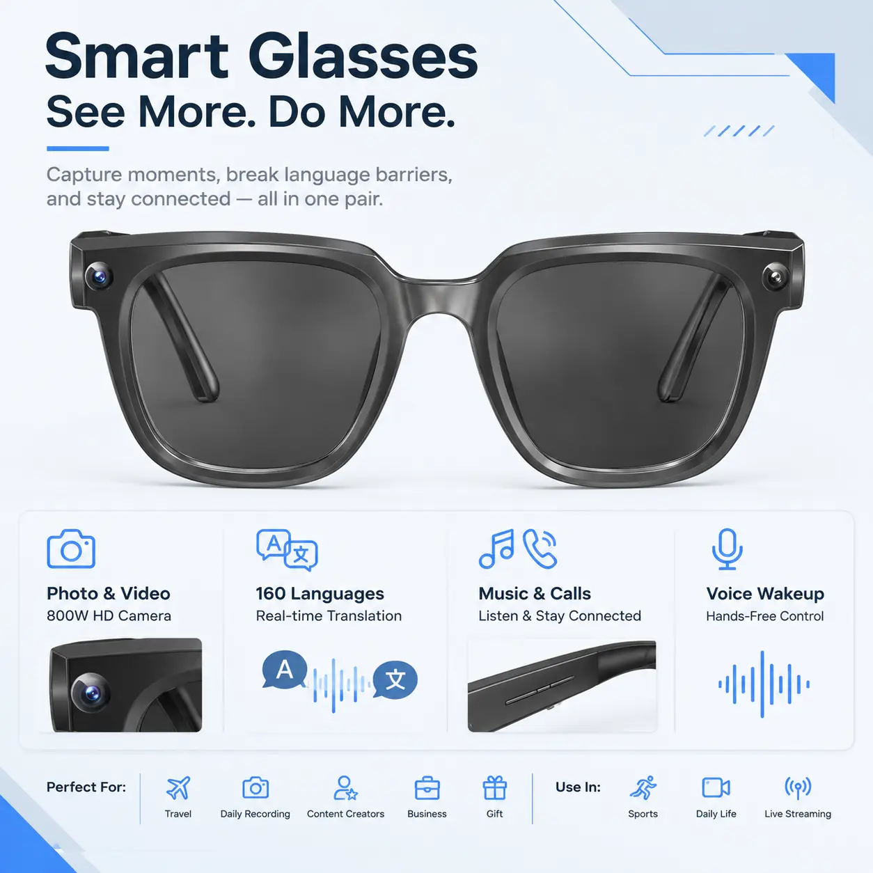 AI Smart Dragonfly Bar Square Eye Glasses Camera - 8MP Wearable, Hands-Free Photo & Video Recording, Bluetooth Calls, Audio Glasses, Music Player, App-Based Translation, Casual Minimalist Lightweight, Charging Cable Included for Travel & Daily Use