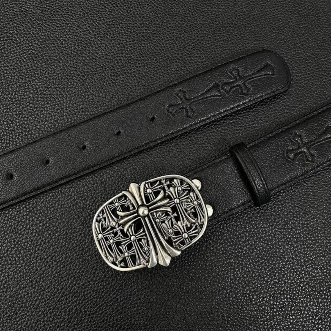 Men's Genuine Leather Gothic Cross Belt - Vintage Oval Silver Buckle, Embossed Punk Biker Streetwear Waist Accessory