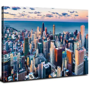 Chicago Skyline Wall Art USA City Building Wall Decor for Living Room Realism Chicago Picture Blue Cityscape Poster Panorama Canvas Prints Modern Artwork Bedroom Office Kitchen Home Decorations 12x16"
