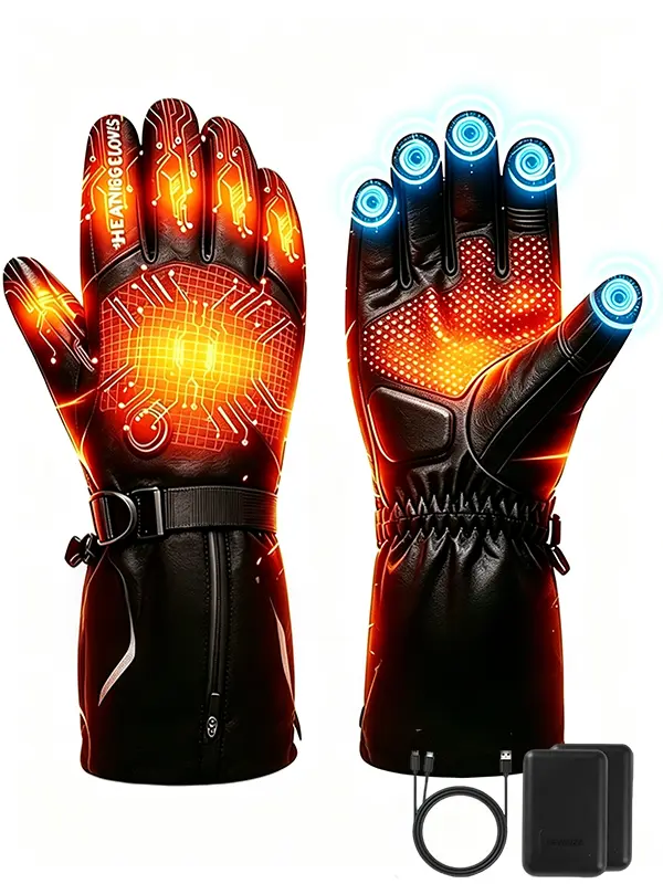 Norwell Winter Electric Heated Gloves, USB Touchscreen Gloves for Men Women - Full Finger & Back‑of‑Hand Heating, 7.4V 2×2500mAh Battery, Polyester Shell, PU Leather Microfiber Palm, Reflective Strips for Night Riding, Hunting, Fishing, Skiing, Motorcycle