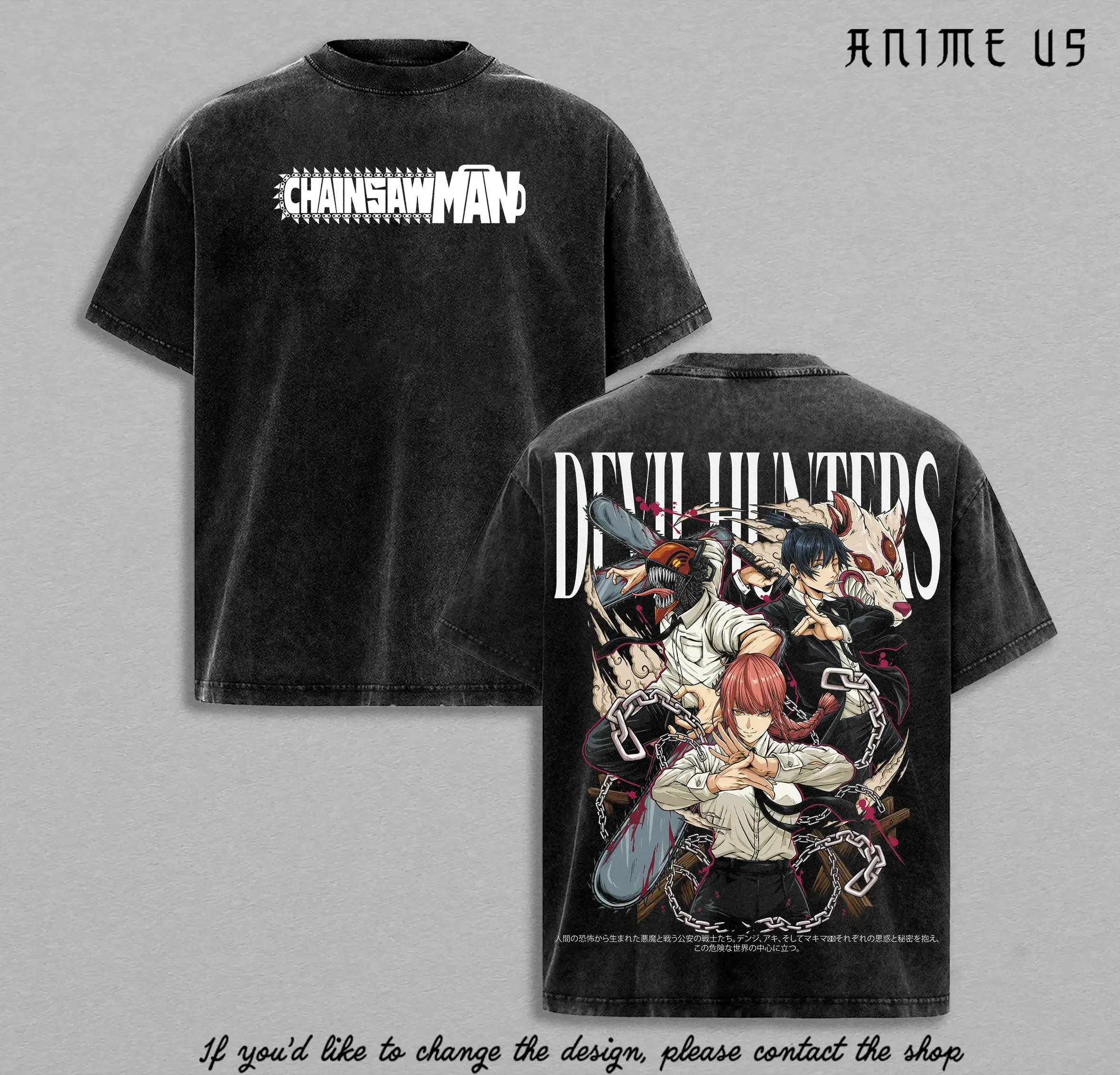 Denji Makima Aki Pochita Chainsaw Man Anime Vintage Washed Oversized Graphic Tee Devil Hunters Streetwear Shirt