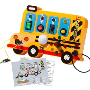1PC Montessori Wooden Toddler Busy Board with LED Light Switch, Educational Early Learning Activity Board, Plug-and-Unplug Cables, School Bus Shape, Baby Stress Relief Board Travel Toy for Toddlers Aged 18+ Months (Batteries Not Included)