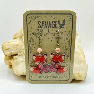 Fox Reads Banned Books Earrings – Woodland Animal Dangle Earrings | Handmade Eco-Friendly Jewelry | Adorable Fox Reading Earrings