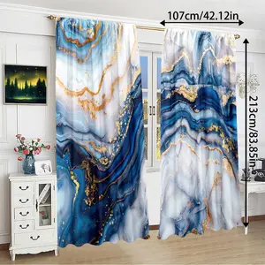2 Piece Set Marble Pattern Blackout Curtains, Blue Gold Satin Weave, No Lining, Bedroom Living Room Decor