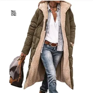 Crisp Winter Hooded Quilted Jacket For Women Solid Reversible Long Sleeve Thick Coat Warm Fashion Long Outerwear Casual Puffer Coats Womenswear Tops Plush Patchwork hot pink