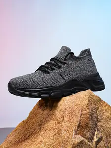 Men's Gray Knit Sneakers with Chunky Black Sole - Breathable Comfort for Urban Everyday Style, Year-Round Shoes for Men