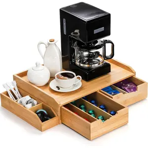 Bamboo Drawer Organizer for Coffee Pod, K Cup Organizer for Counter, Tea Bag Storage Organizer with Drawer and Side Storage Box for Kitchen Office Coffee Bar