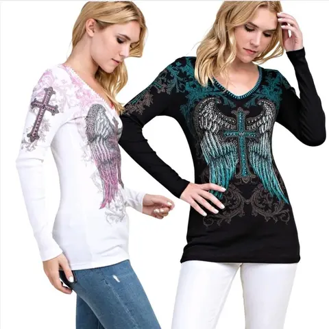 6 Styles ANGEL WING McBling Top Rhinestone Ribbed Cotton Shirt Fitted Casual Comfort street Comfortable Womenswear Blouse Crystal Fabric Embroidery