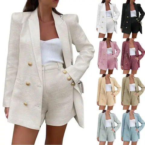 ARTFREE 2026 Womens 2 Piece Tweed Blazer Shorts Sets Long Sleeve Double Breasted Suit Jackets Business Outfit Classy Elegant