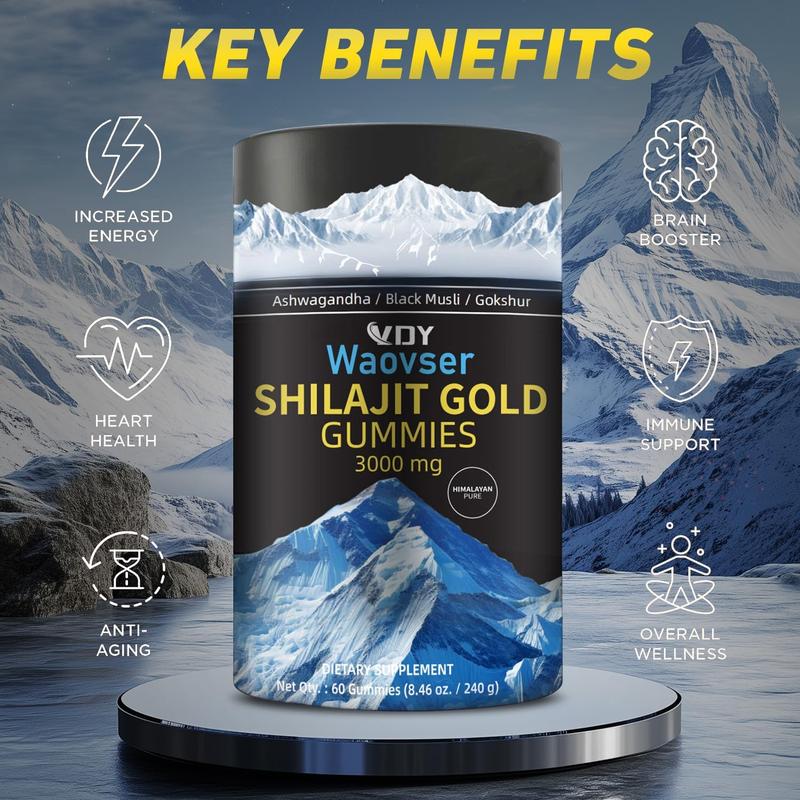 Himalayan Shilajit Gummies, Ashwagandha Gummies, 4 in 1 Gummie, with Black Musli, Gokshura, Ginger, Ginseng, Fulvic Acid 85 Micronutrients, Men and Women, Non-GMO 100% Natural Organic 60 Gummy