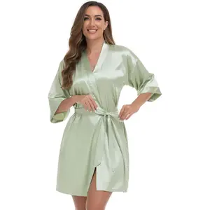 Women's Short Kimono Robe Silky Satin Bathrobe Bride Bridesmaids Getting Ready Sleepwear Soft NightgownGift