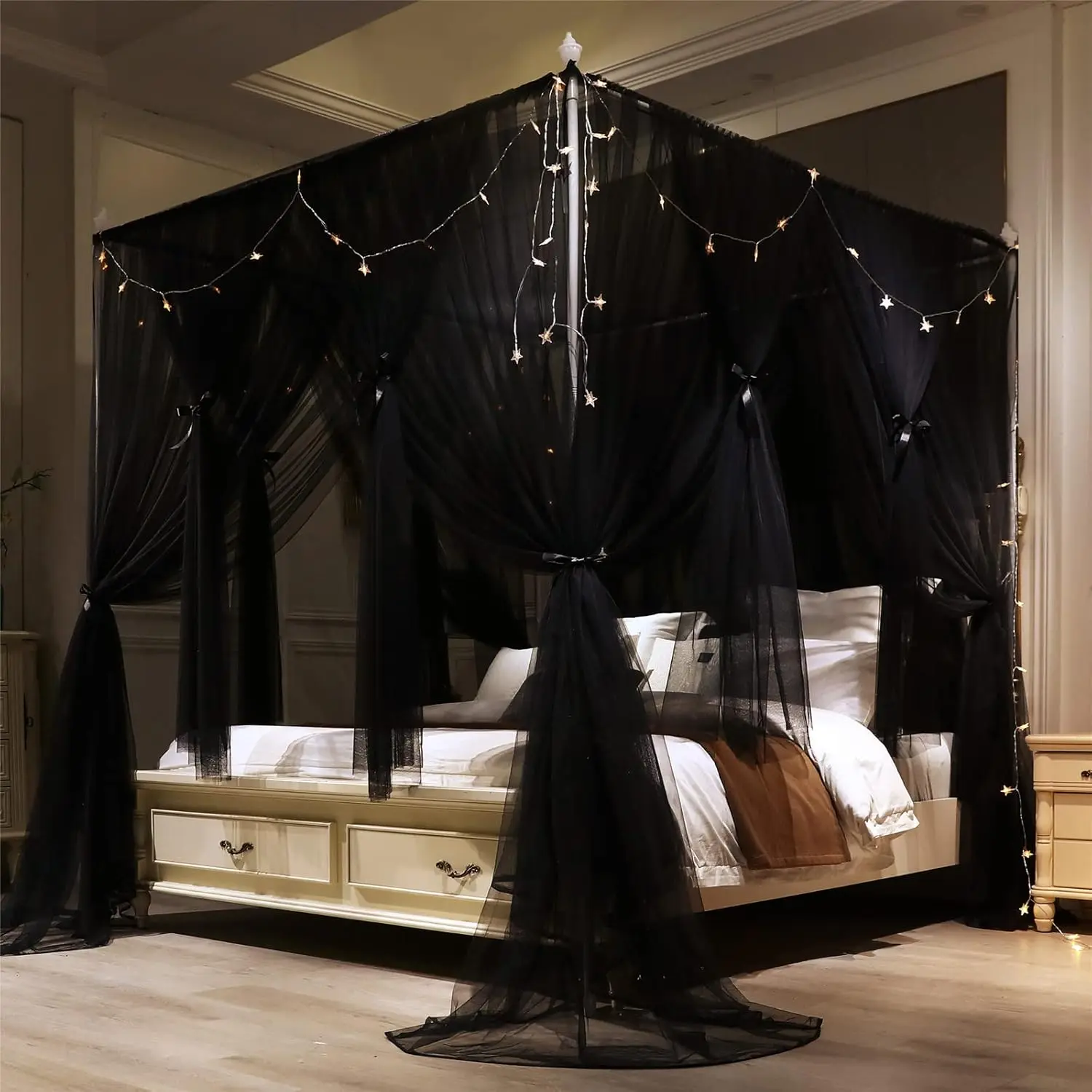 4-Corner Post Polyester Fiber Netted Fabric Bed Canopy Netting - Cozy Drape, 4 Openings, Double Size (53" W×78" L×82" H), Black Bedding Accessory for Girls' Bedroom Decor, Romantic Look, Princess Dream Gift (Christmas, Mother's Day), Birthdays