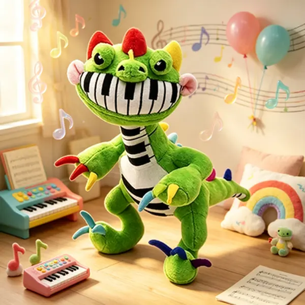 Pianosaurus Plush Cute Green Dinosaur Stuffed Toy, Funny Piano Mouth Dragon Plush Doll Gift for Kids Game Fans