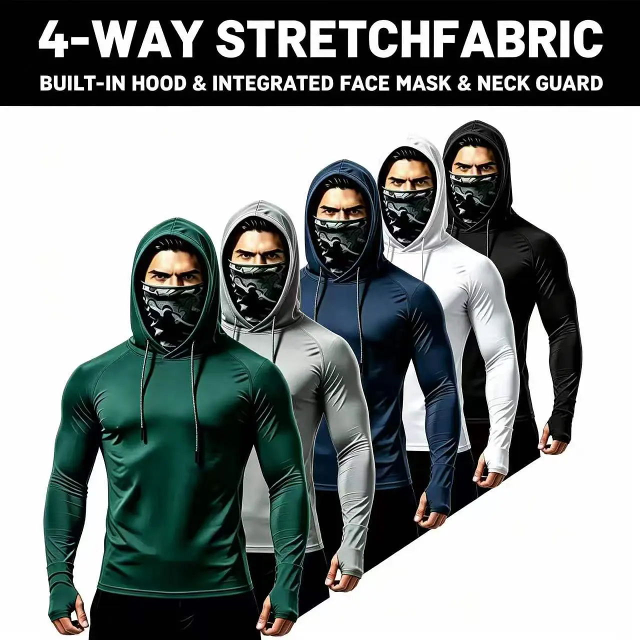 Men's 5-Pack Hooded Activewear Clothing - Built-in Face Mask, UPF 50+ Sun-Shielding Athletic Pullover Hoodie, Fitness Exercise Wear for Fishing, Outdoor Work, Daily Wear Outdoor