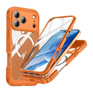 Magnetic Case for iPhone 17 Pro Max,17 Pro, 17  Military Grade Rugged 360 Full Body Built in Screen Protector Heavy Duty Compatible with MagSafe Clear Phone Cover (Orange)