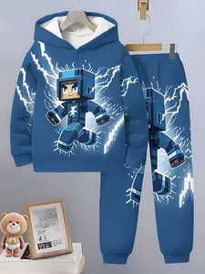 Boys Spring & Fall Sports Set, Deep Blue Minecraft Lightning Character Hoodie and Pants Two-Piece, Casual Kids Game Cool Clothing
