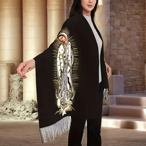 1 Piece Elegant Virgin Mary Print Long Streamer Scarf-100% Polyester Woven Pashmina Scarf for Women, Casual Decorative Shawl, Suitable for Weekend Wear, Ideal Birthday Gift
